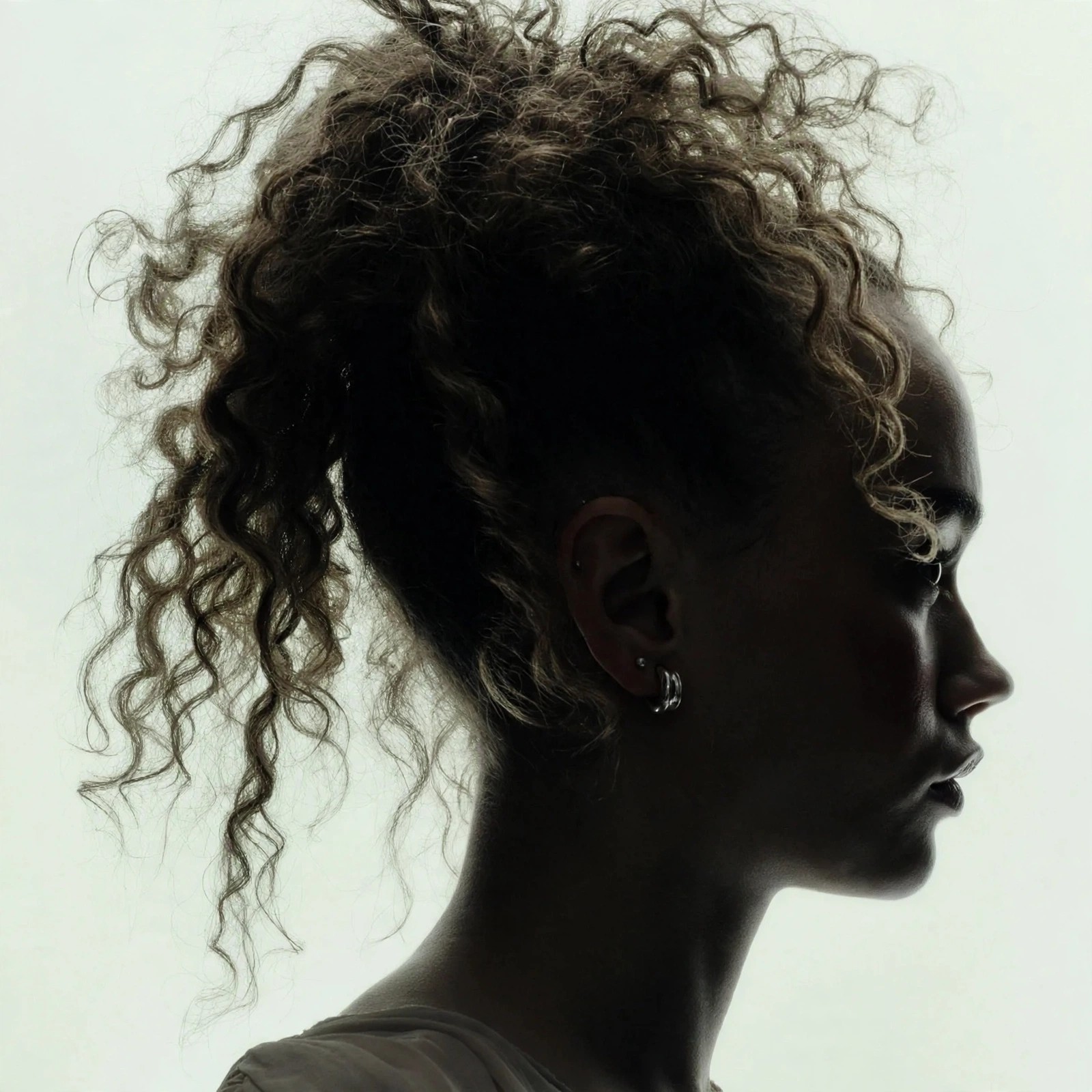 Silhouette profile of a woman with curly hair pulled back.