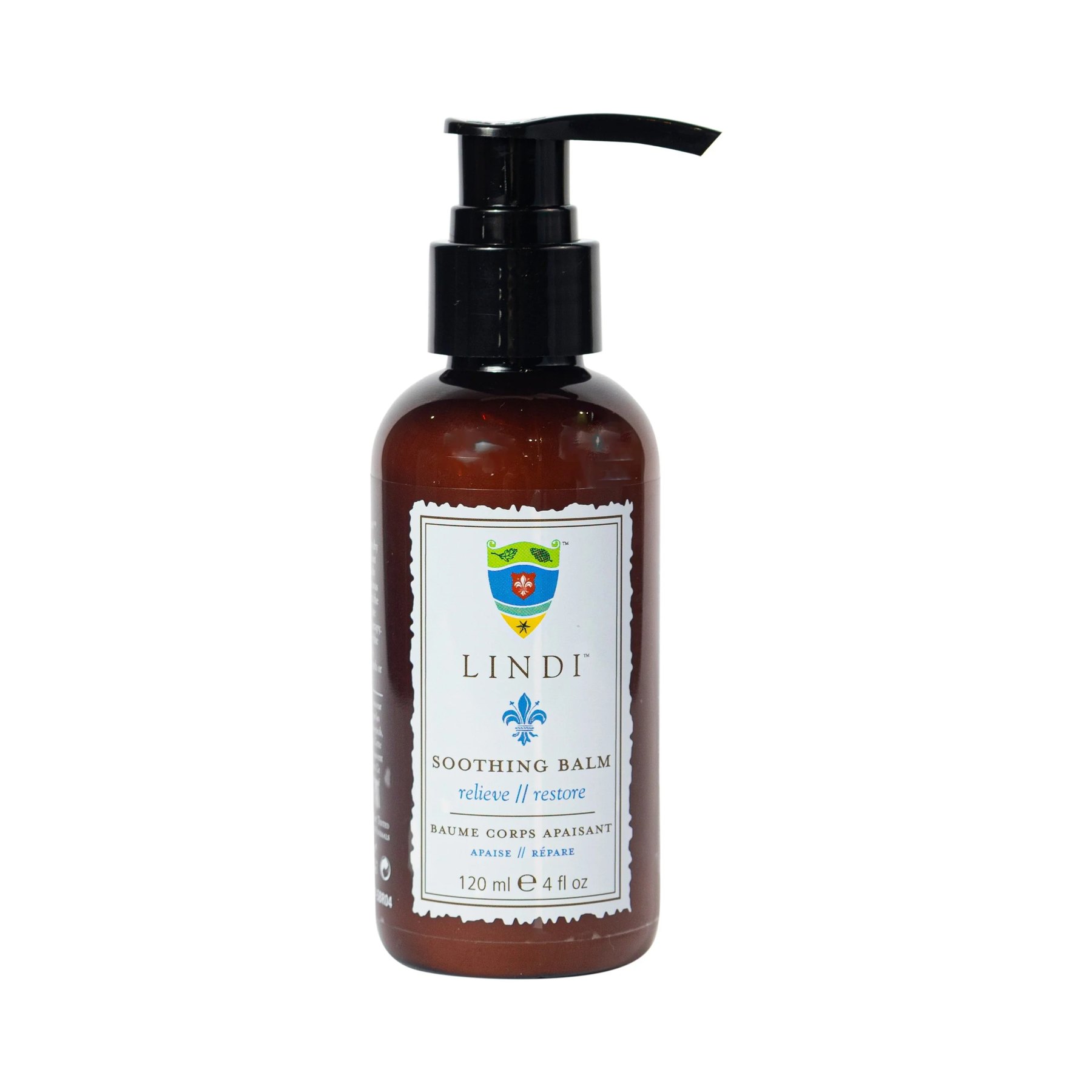 Studio shot of Lindi Soothing Balm bottle on white.